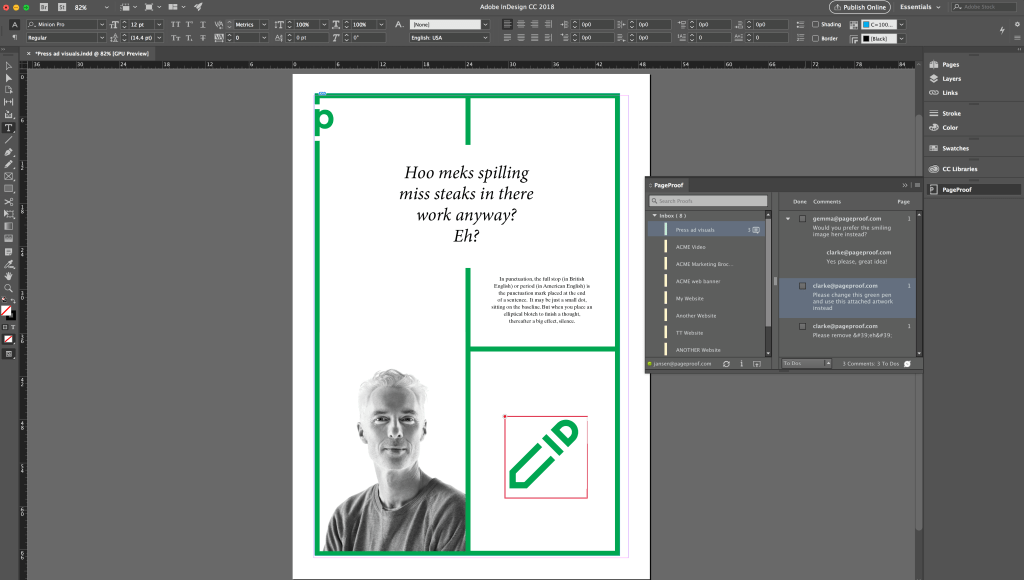 Adobe InDesign & PageProof native integration - UI screenshot - selecting a comment highlights the mark-up 