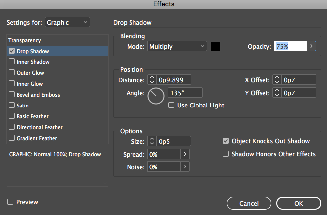 Adobe InDesign Effects - setting for Graphic - Drop Shadow
