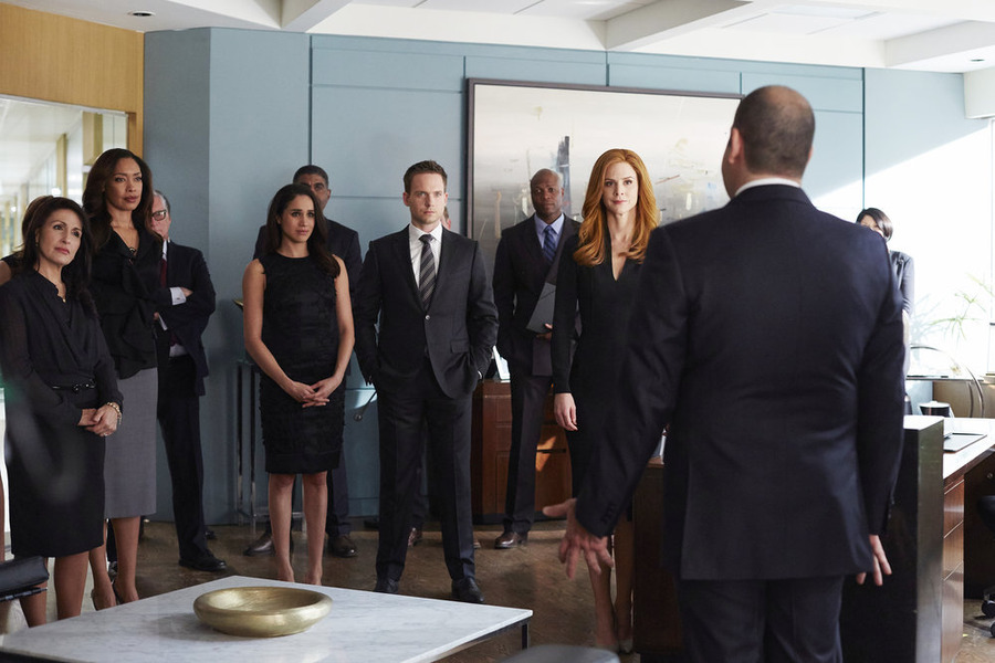 SUITS -- "Not Just a Pretty Face" Episode 416 -- Gina Torres as Jessica Pearson, Meghan Markle as Rachel Zane