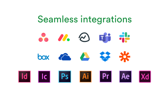 Logos - Native Integrations. Asana monday.com Basecamp Microsoft Teams Slack Box Adobe...