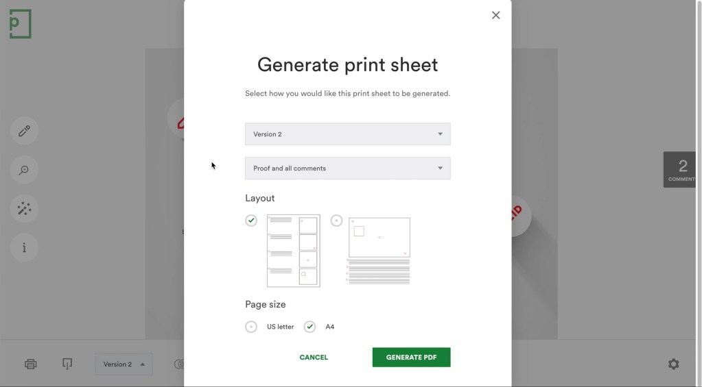 Screenshot for PageProof UI. white page showing print options for proof generate pdf