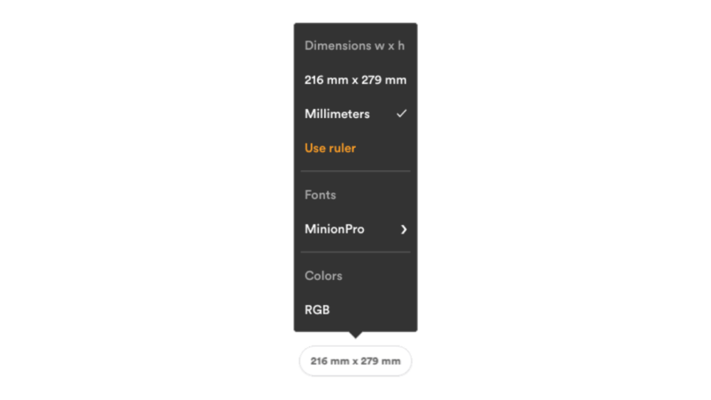 Screenshot PageProof menu for ruler fonts and colors. Ruler-Smart-bits-tool. Dimensions w x h