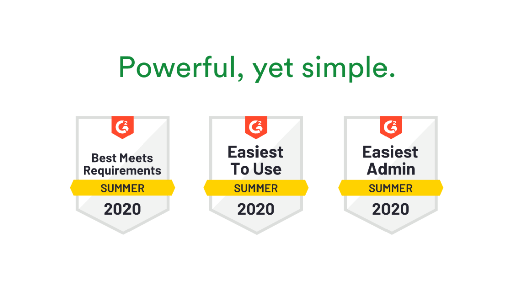 G2 badges - "Best meets requirements", "Easiest to use", "Easiest admin" in summer 2020