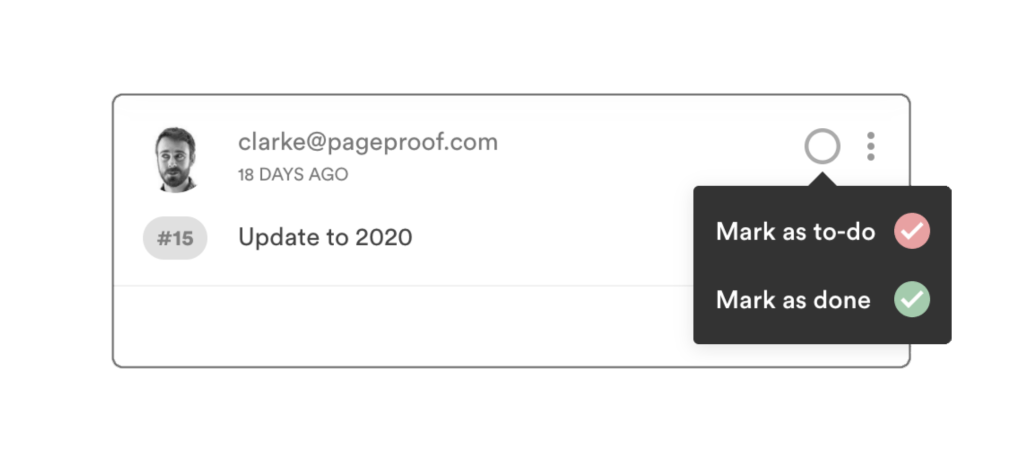 Screenshot of PageProof comment with 2 options for actions showing. Mark as to-do or Mark as done