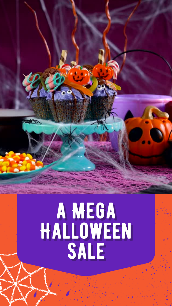 Halloween themed cupcakes on stand with spiderwebs