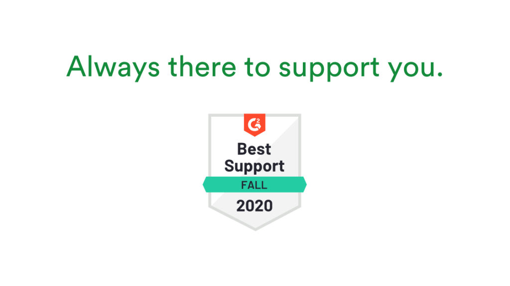 G2-Best-Support-Badge. Always there to support you plus badge fall 2020.