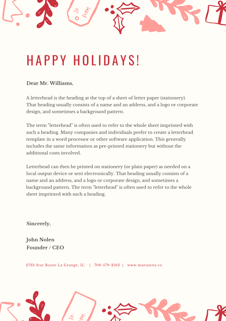 Happy holidays! letterhead with Christmas trees, mistletoes, presents etc. at top and bottom of page