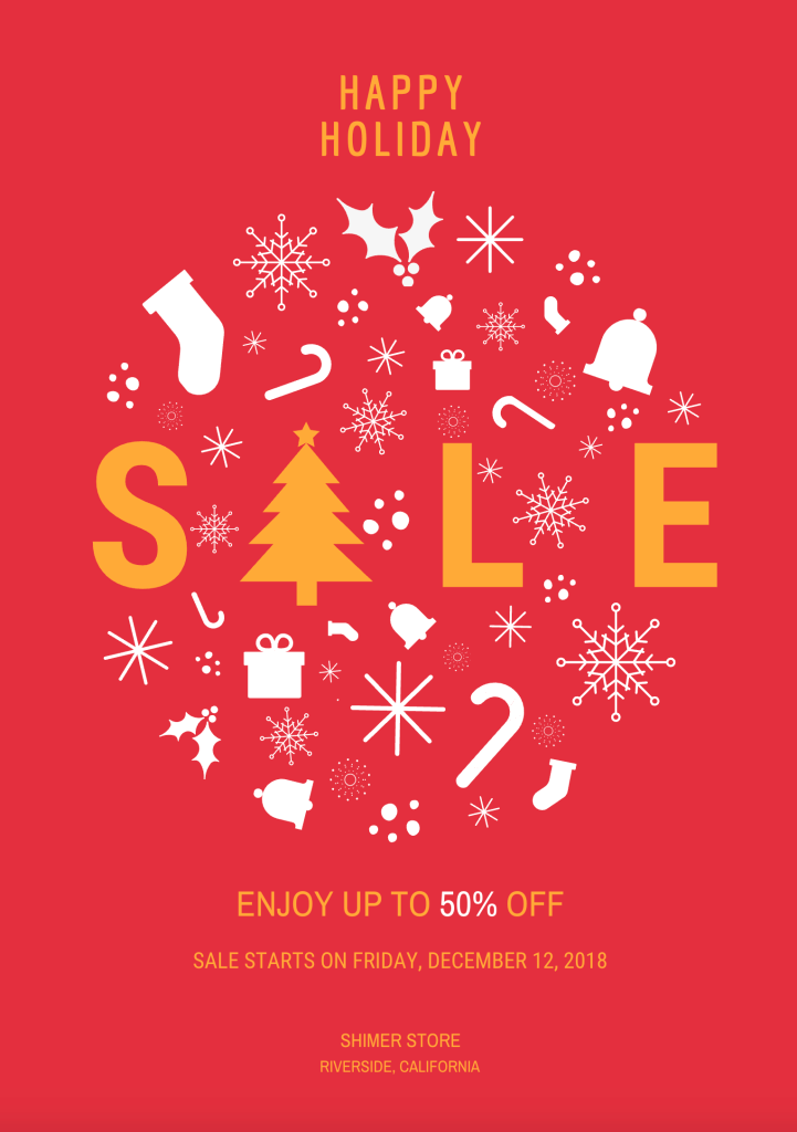 Happy Holidays sale poster with Christmas stockings, candy canes, bells, mistletoes, etc scattered in a bauble shape