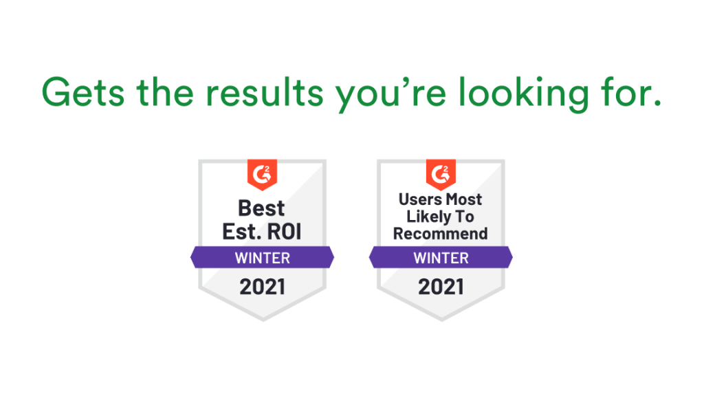 G2 badges - PageProof won "Best Est. ROI", "Users most likely to recommend" - winter 2021