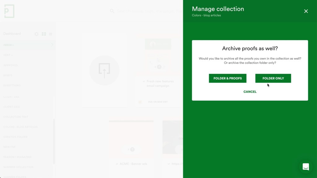 Screenshot of UI - Manage PageProof collections - archival. Folder & proofs or folder only