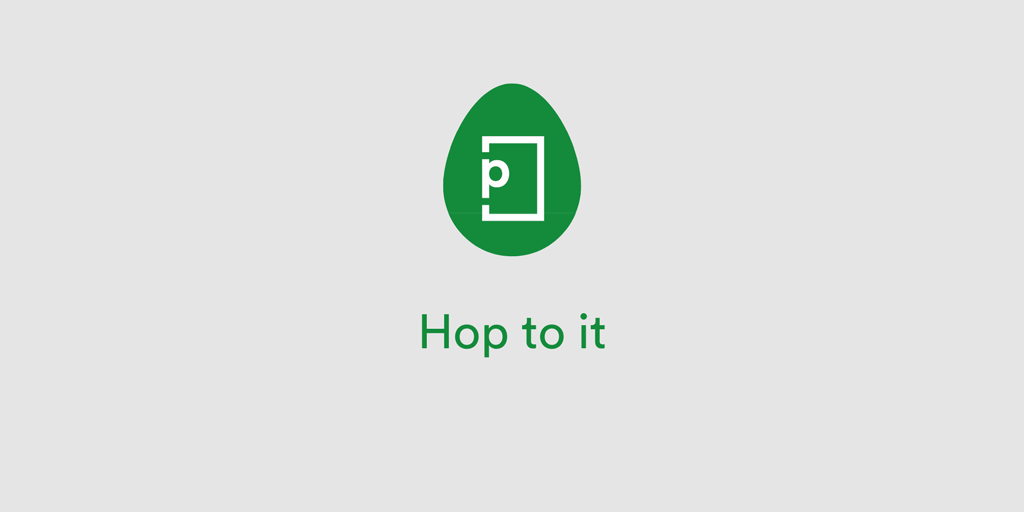 Easter Day fresh new features. 5 eggs to find, PageProof white logo on a green egg.