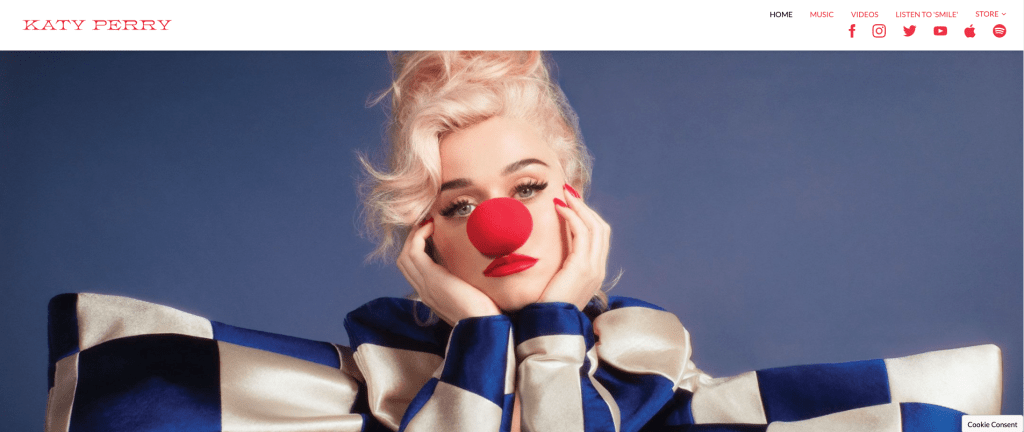 Katy Perry's website was designed on WordPress. Red nose. A stunning website example.