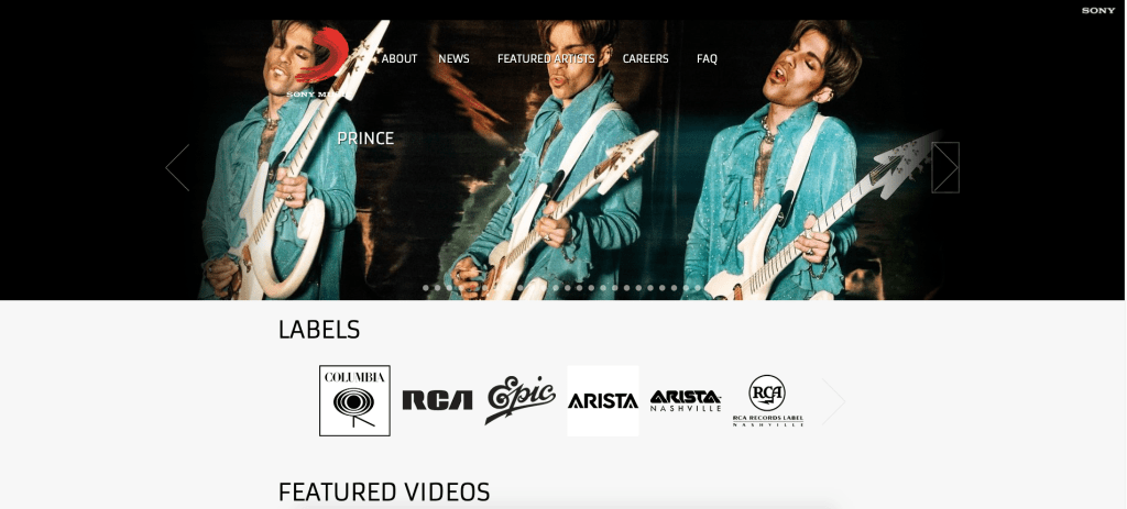 A stunning website example. Sony Music website designed on WordPress. Prince - triptych with Love Symbol guitar
