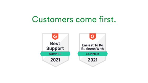G2 badges - summer 2021. PageProof-Best Support and Easiest to do Business with. Customers come first.