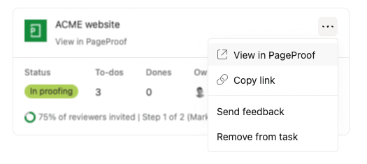 Screenshot from Asana showing that you can open a proof directly from an task in Asana
