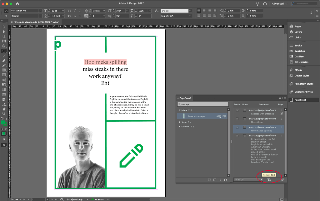 PageProof Adobe add-on panel in InDesign showing the replace text option.