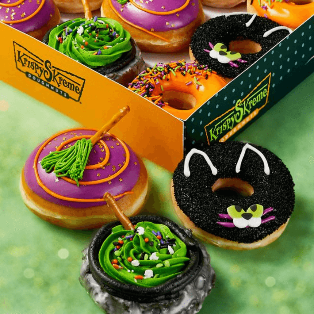 'Krispy Skreme' for the rest of the month, complete with an altered orange and green logo, four new Halloween- themed donuts