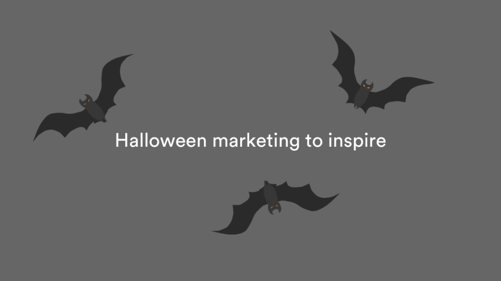 Three bats flying around the image title "Halloween marketing to inspire"
