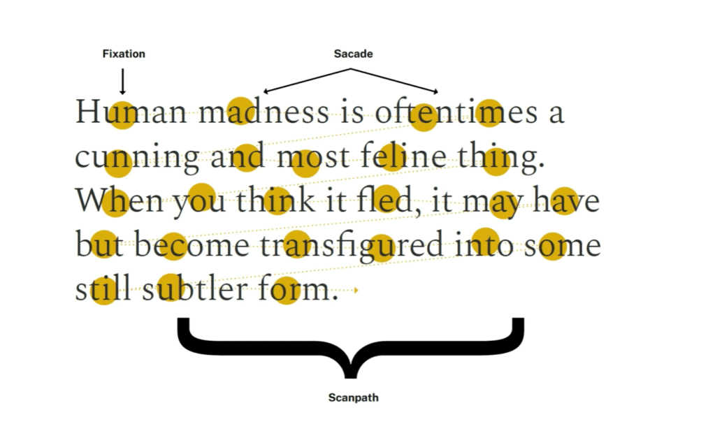 Rows of text with yellow circles to show where people focus on a word and dotted lines where they scan text.  