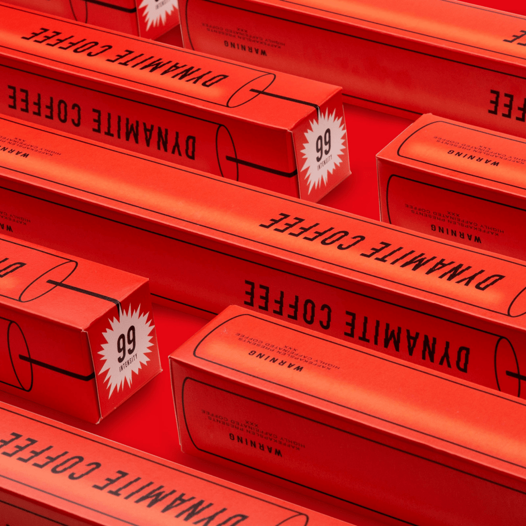 The packaging mimics the capsule sleeve of a stick of dynamite and uses red with bold typography to showcase the strength of the coffee.