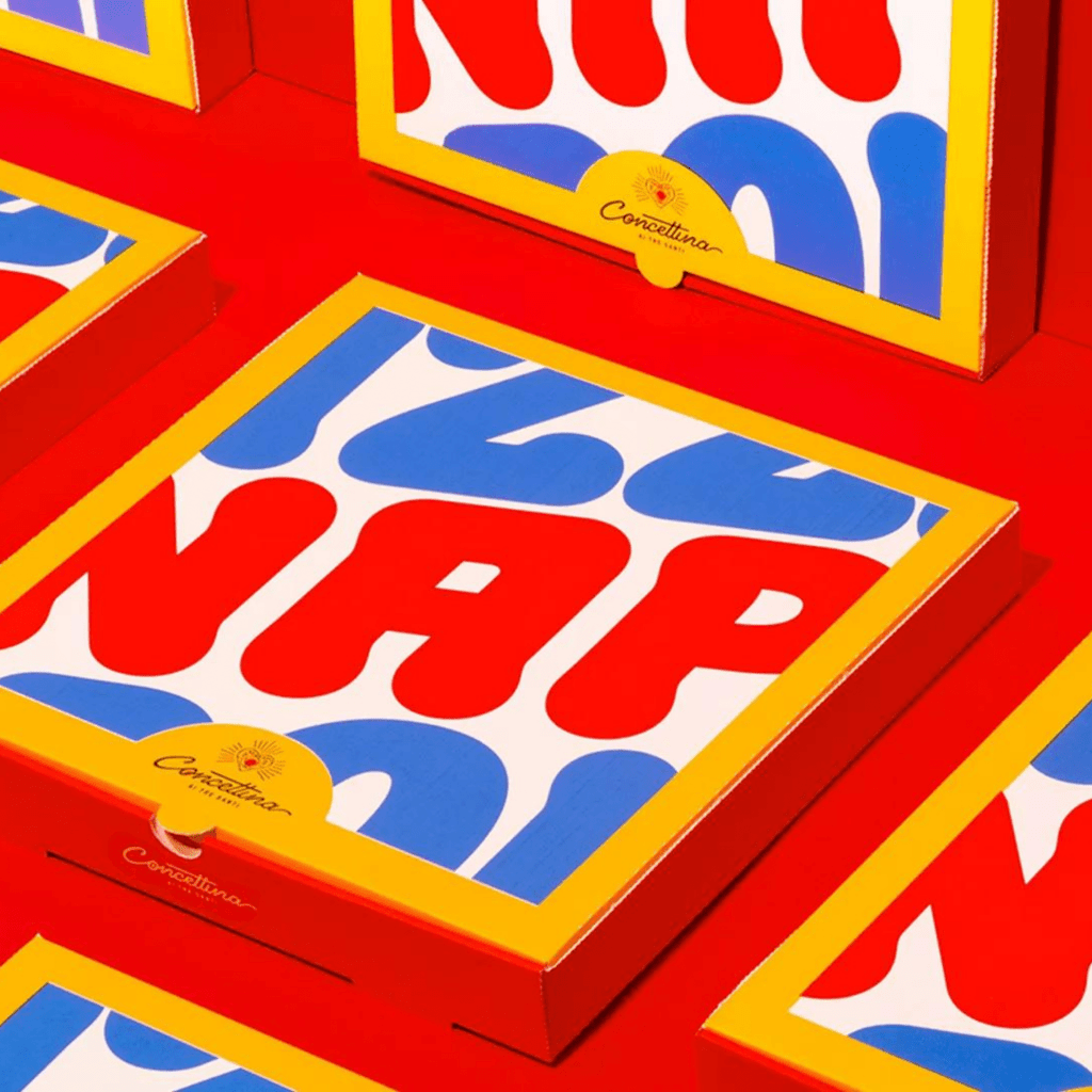 The packaging incorporates pop art, uses eye-catching colors and bold typography, and captures the everyday details of Naples.