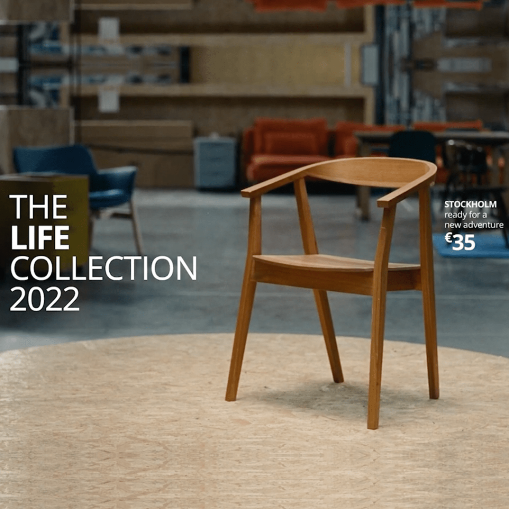 A used wooden chair is ready for a new adventure in IKEA's second hand store.