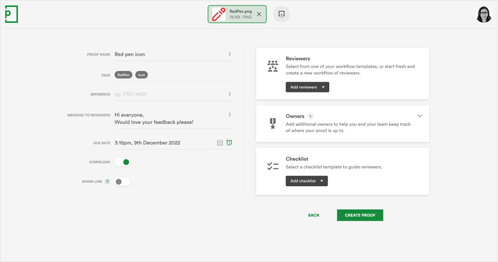 The proof setup screen - lets you add a workflow, owners, a checklist, add integration references, and control proof settings.