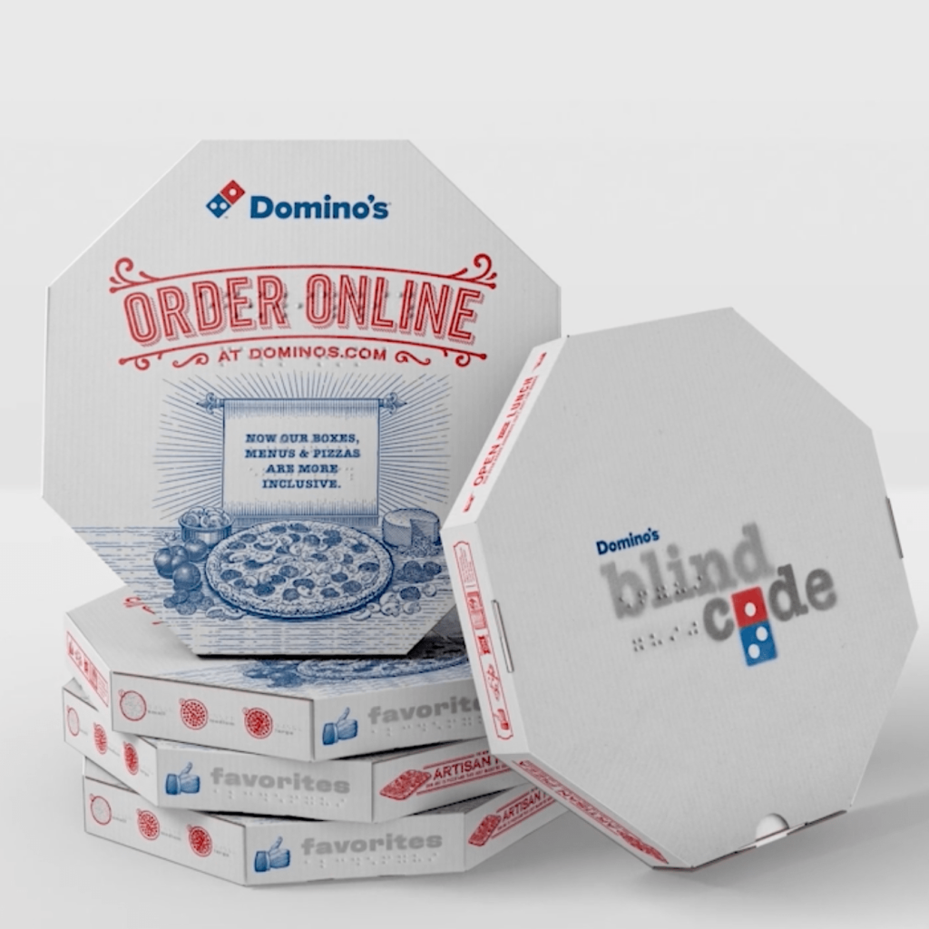 Domino's pizza boxes, logos and flavors are printed with Braille.