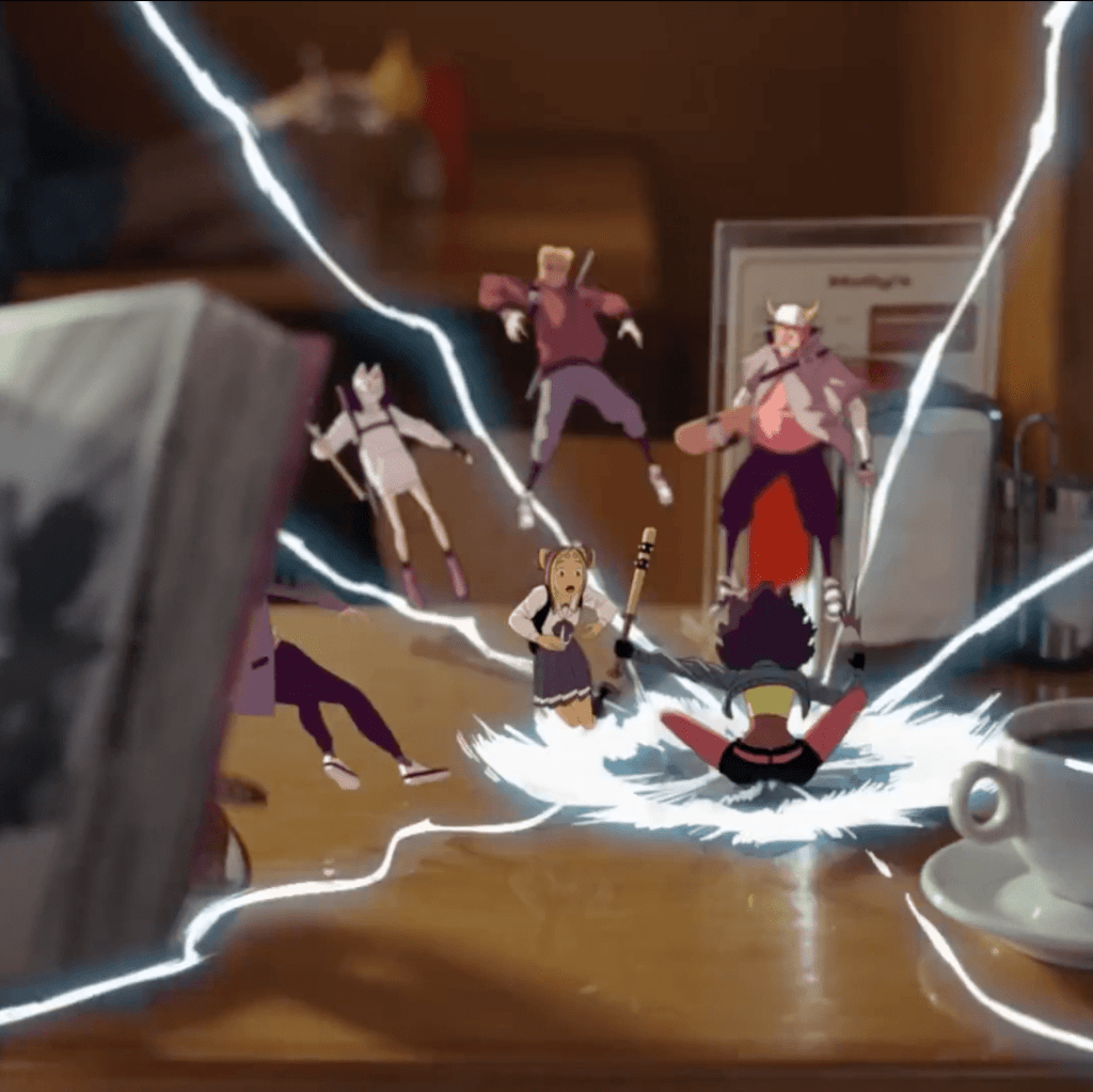 As the girl reads the comic book, the animated character she imagines appears on the table.