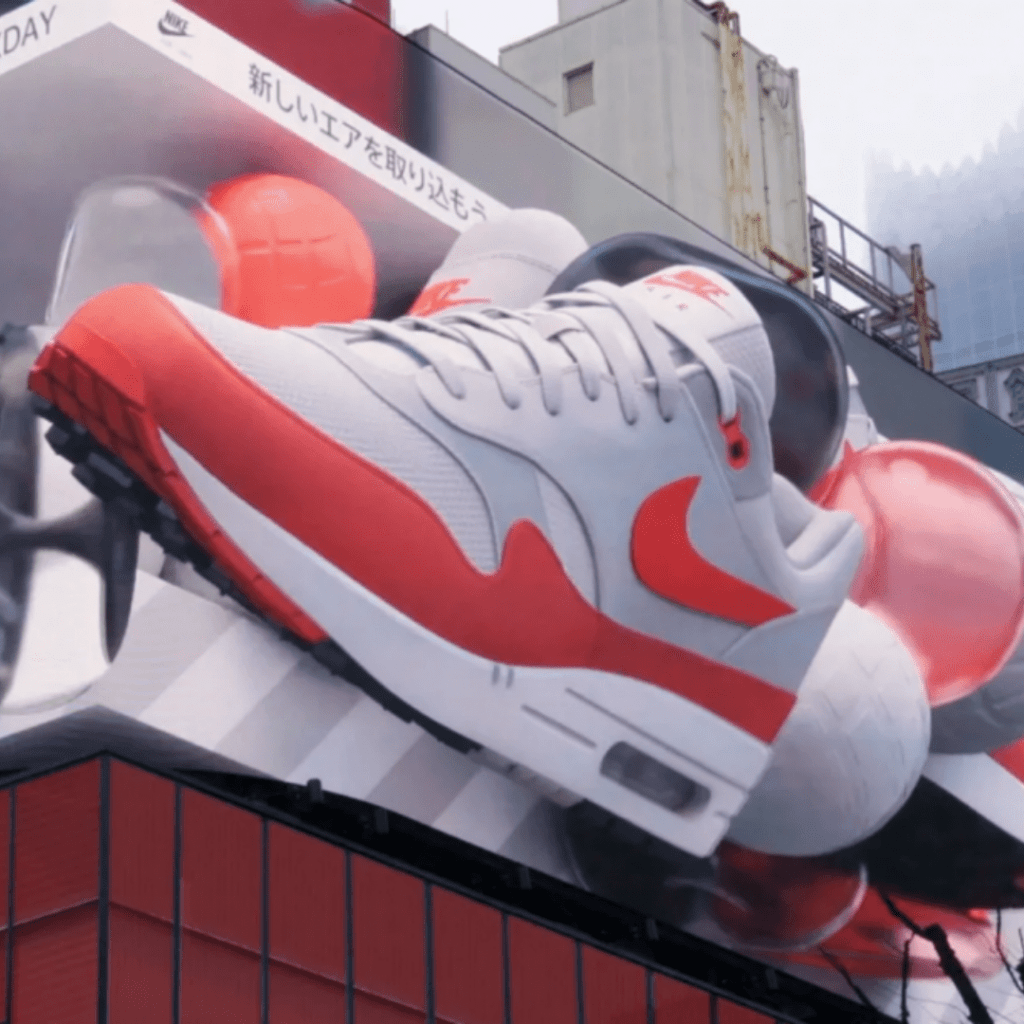 In Nike's viral marketing campaign, A giant pair of Nike Air Max sneakers pops out of a 3D billboard. 