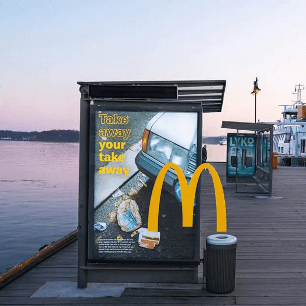 The OOH displays the iconic McDonald’s arches can be used as a trash guide.