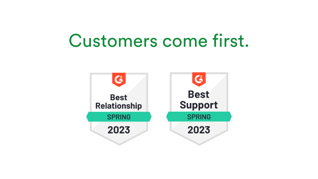 Badges for Best Relationship and Best Support showing PageProof online proofing always ensure customers come first.