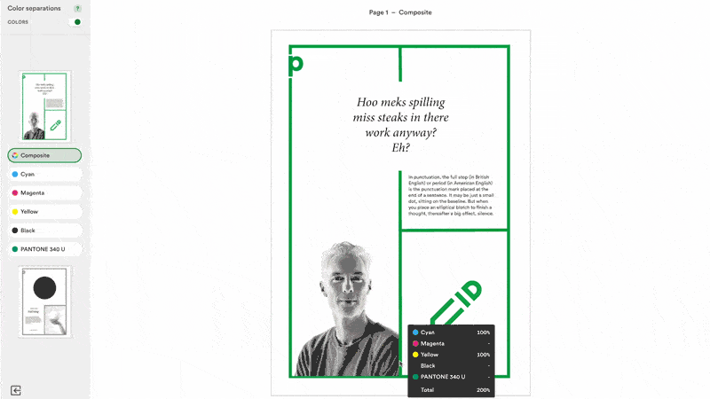 ColorSep - Tips and tricks for marketing and creative teams UI for PageProof showing the color separtion features for preview of color plates. It goes through each color plate preview, magenta, cyan, yellow, black, and composite.