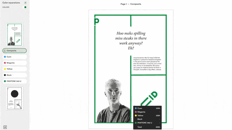 PageProof UI showing the color separtion feature. It goes through each color plate preview, magenta, cyan, yellow, black, and composite.