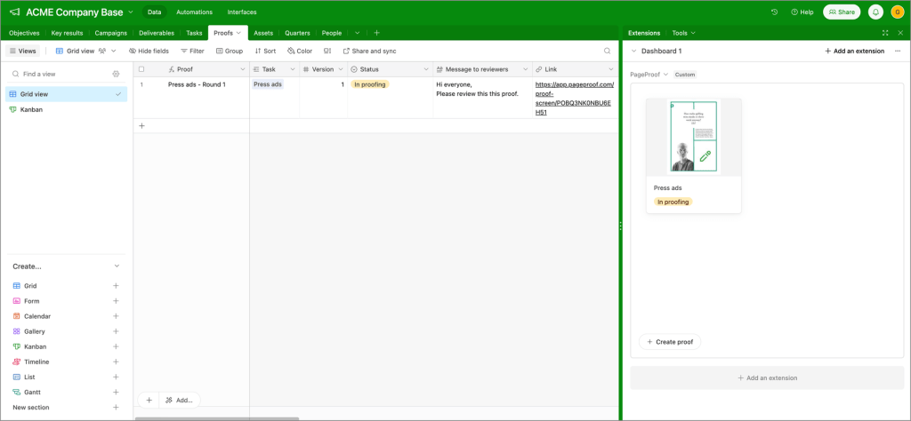 A dedicated proofs table inside Airtable platform perfect for tracking proofs in creative campaigns.