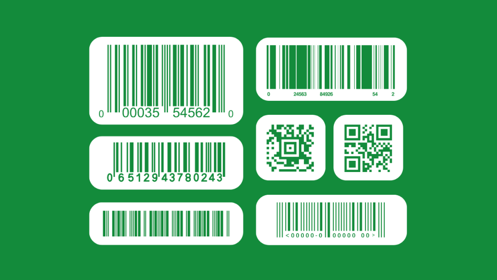 Barcode-examples-1240-×-700px - Tips and tricks for marketing and creative teams Examples of common barcodes including QR code, Aztec barcode, and EAN-13.
