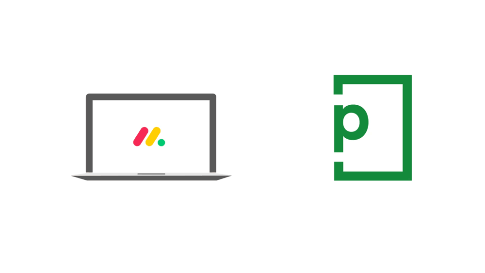 Laptop screen with monday.com logo changes to email icon. An arrow then connects the laptop to the PageProof logo. Try pageproof.com today.