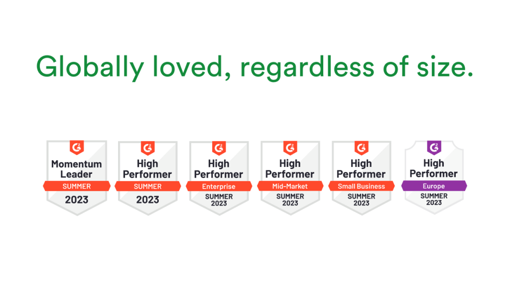 PageProof online proofing - globally loved, regardless of size with 5 High Performer badges(overall, small business, mid-market, enterprise, and Europe region) in the Summer 2023 G2 Awards, and a Momentum leader badge. 