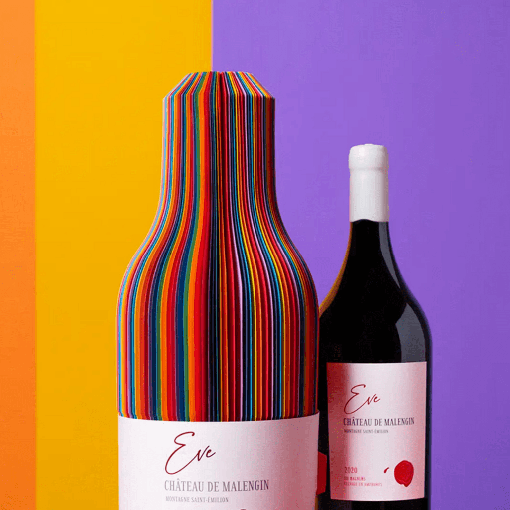 The wine protective paper shell creates a rainbow accordion-style case. 