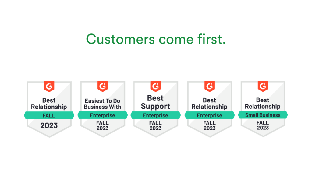 G2 badges awarded to PageProof for best relationship for online proofing category, enterprise, and small business. 