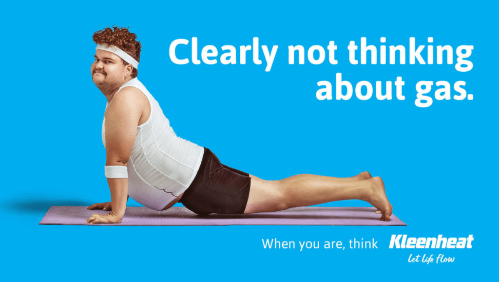 11 - Tips and tricks for marketing and creative teams A man doing yoga on a yoga mat and the text saying: Clearly not thinking about gas.
