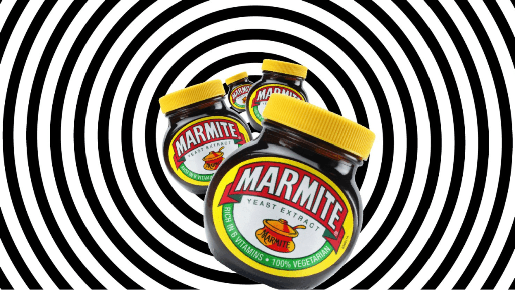 2 - Tips and tricks for marketing and creative teams Three Marmite bottles in a black and white vortex.