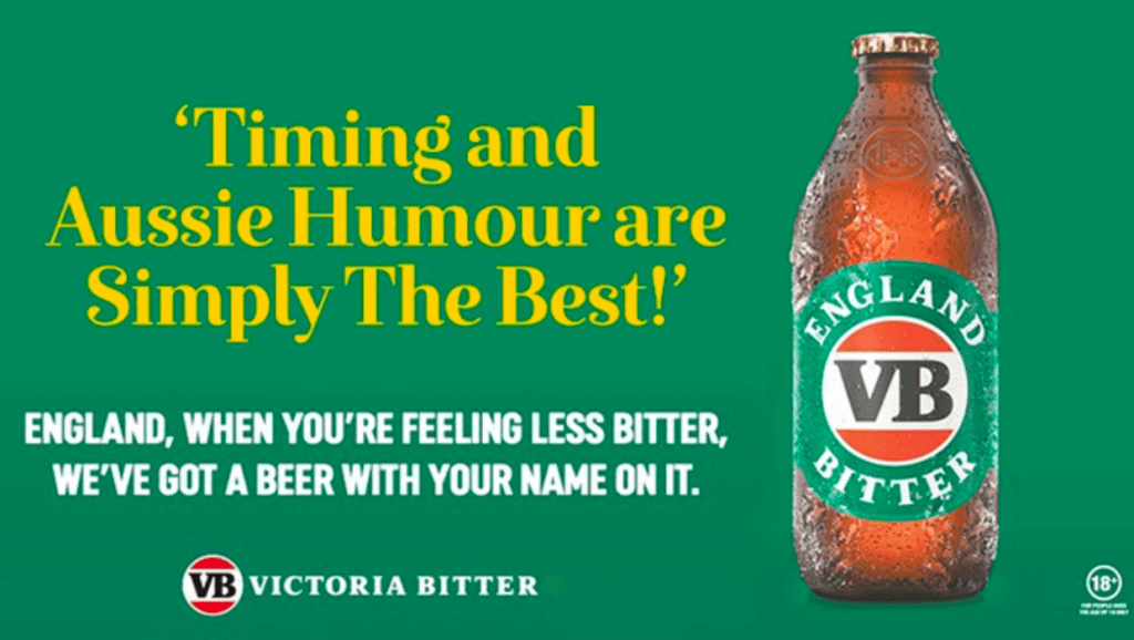7 - Tips and tricks for marketing and creative teams An England Bitter beer bottle on a green poster, with captions: Timing and Aussie Humour are Simply The Best.