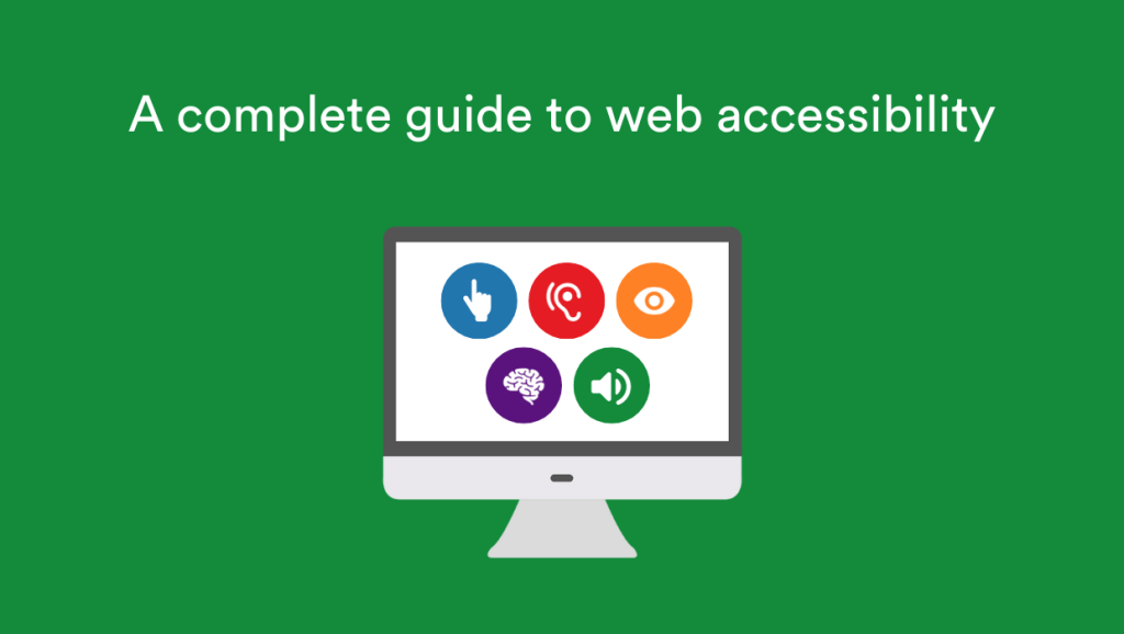 A comprehensive guide to web accessibility featuring a computer screen displaying accessible icons in bold colors.