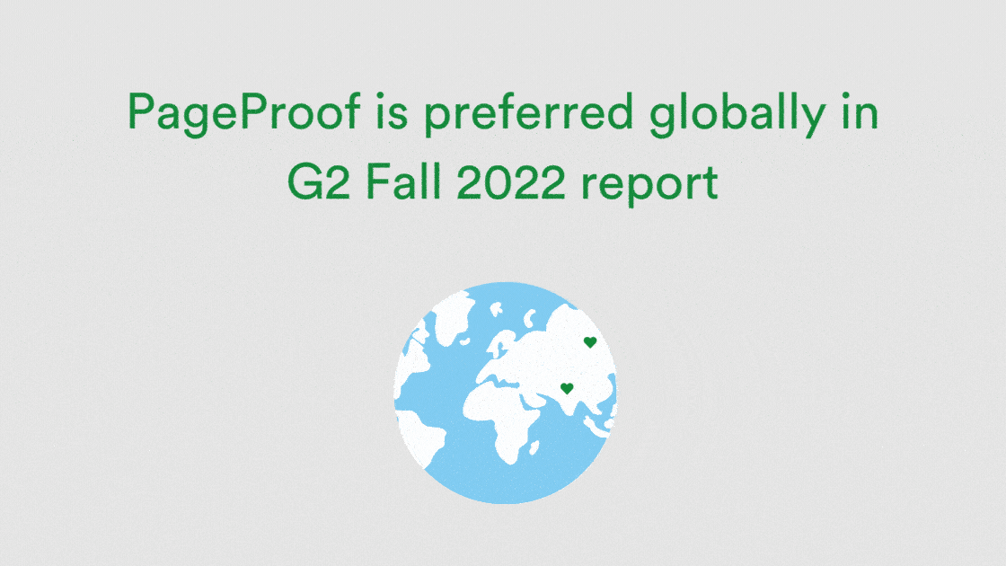 PageProof online proofing. Spinning globe with green hearts showing customer locations on the worldmap.