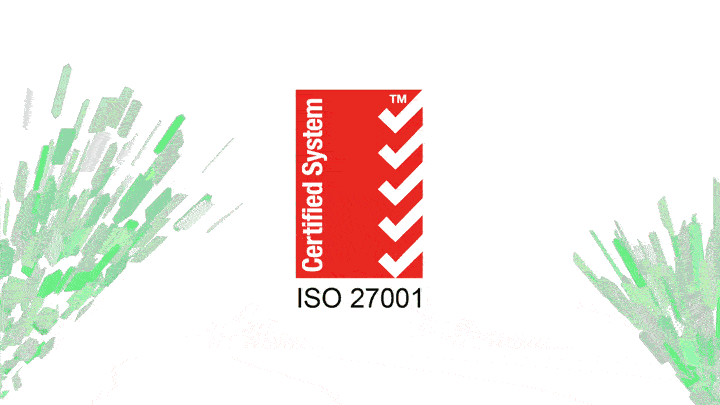 PageProof receiving the ISO 27001 certification is celebrated with confetti exploding around the certification icon and the PageProof logo. 