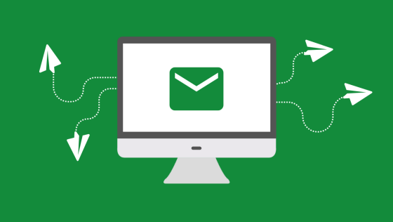 Computer screen with green envelope with darts flying away from the screen to show sending emails.