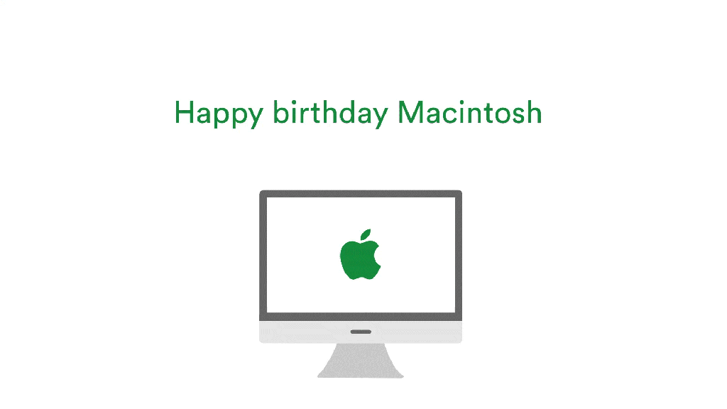 Apple Mac desktop with Apple icon changing to green heart with caption: Happy Birthday Macintosh
