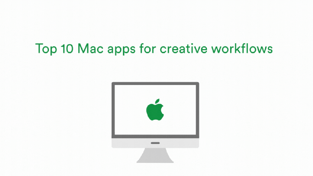 Top 10 Mac apps for creative workflows showing a Apple Mac desktop screen with logos for software the App Store, Adobe Creative Cloud, Figma, Canva, ColorSlurp, Affinity Designer, 1Password, monday.com, Slack, Trello, Dropbox, Apple