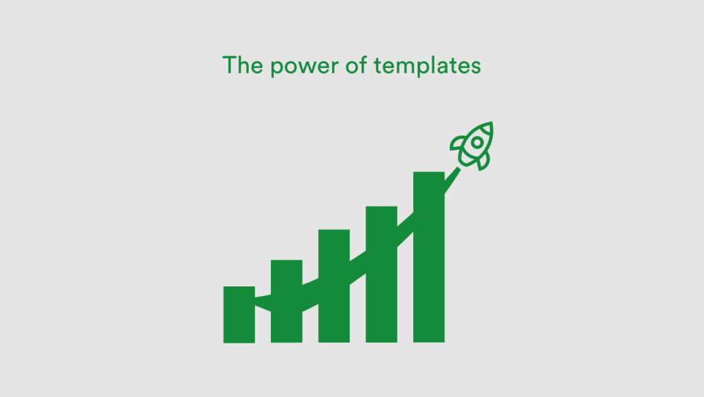 The power of templates - Tips and tricks for marketing and creative teams A rocket flying through columns on a bar chart with the title: The power of templates
